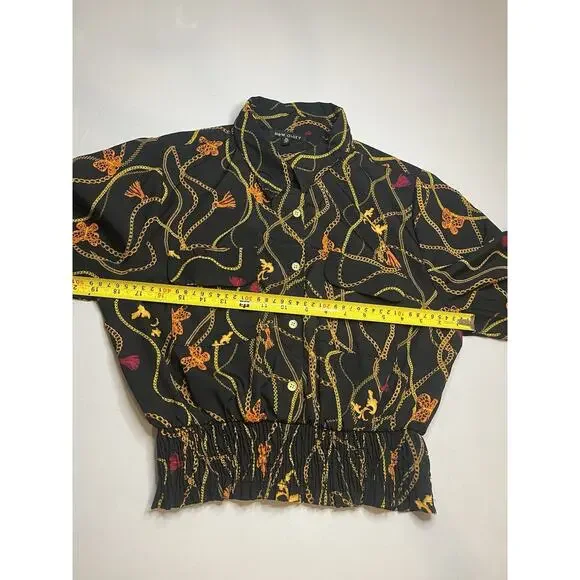 New Glory Women’s Long Sleeve Gold Chain Printed Smocked Waist Top Sz XL - Picture 4 of 8